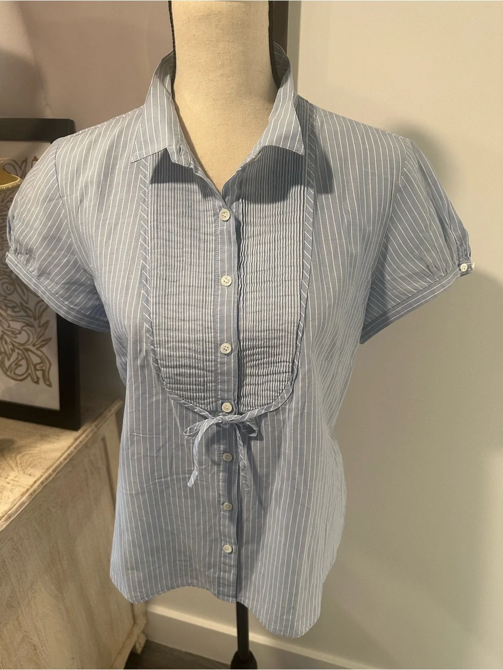 J. Crew Light Blue & White Striped Pleated Bib Blouse S/M